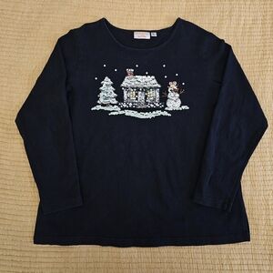 Quacker Factory Vintage Sequins Beaded Holiday Festive Winter 100% Cotton Shirt